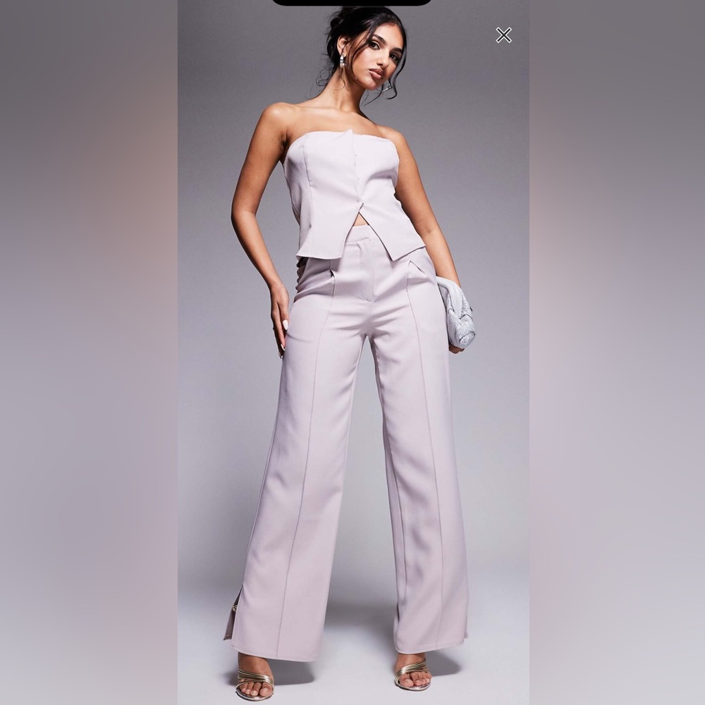 Kaiia Exclusive Tailored Wide- Leg Seam Detail Pants in Light Grey